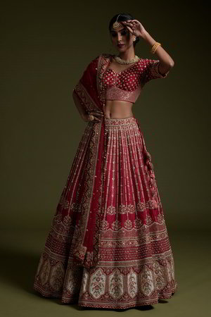 Розовый индийский женский свадебный костюм лехенга (ленга) чоли из натурального шёлка, украшенный вышивкой