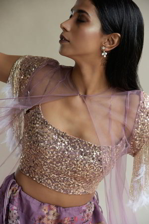 Фиолетовый индийский женский свадебный костюм лехенга (ленга) чоли из органзы, шёлка и фатина без рукавов