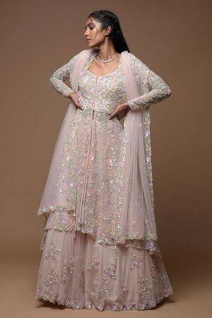 Светло-розовый индийский женский свадебный костюм лехенга (ленга) чоли из фатина с длинными рукавами, украшенный вышивкой