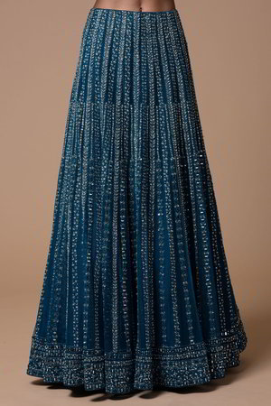 Синий индийский женский свадебный костюм лехенга (ленга) чоли из крепа и фатина без рукавов, украшенный вышивкой