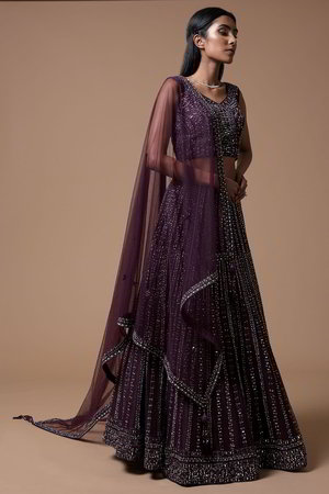 Фиолетовый индийский женский свадебный костюм лехенга (ленга) чоли из крепа и фатина без рукавов, украшенный вышивкой