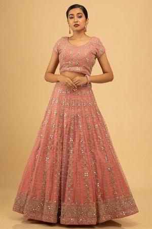 Персиковый и розовый индийский женский свадебный костюм лехенга (ленга) чоли из фатина с короткими рукавами, украшенный вышивкой со стразами, пайетками, кусочками зеркалец
