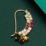 *Молочное и золотое индийское кольцо в нос со стразами, перламутровыми бусинками