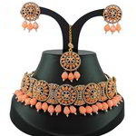 *Золотое и розовое индийское украшение на шею со стразами, перламутровыми бусинками