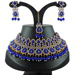 *Золотое и синее индийское украшение на шею со стразами, перламутровыми бусинками