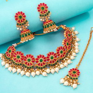 Разноцветное и золотое индийское украшение на шею с искусственными камнями, перламутровыми бусинками