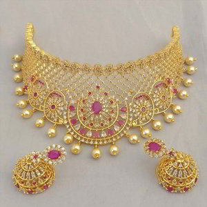Золотое и розовое индийское украшение на шею со стразами, перламутровыми бусинками