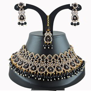 Чёрное, золотое и серое индийское украшение на шею со стразами, перламутровыми бусинками