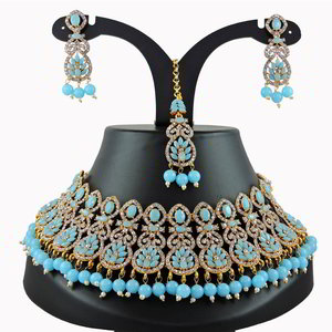 Золотое и синее индийское украшение на шею со стразами, перламутровыми бусинками