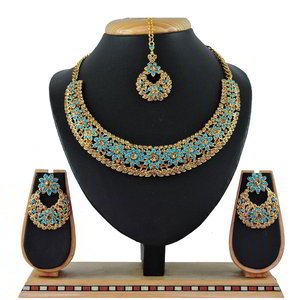 Золотое и синее индийское украшение на шею со стразами