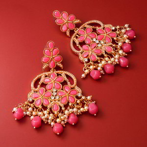 Золотые и розовые индийские серьги с искусственными камнями