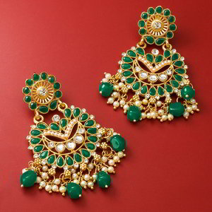 Зелёные и золотые индийские серьги с искусственными камнями