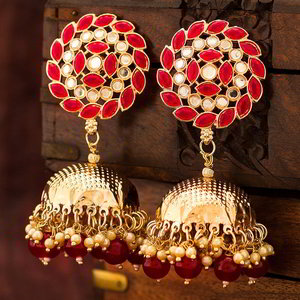 Бордовые, золотые и красные индийские серьги с искусственными камнями