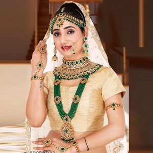 Зелёный и золотой набор свадебных индийских украшений со стразами, перламутровыми бусинками