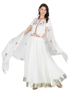 Белый льняной индийский женский свадебный костюм лехенга (ленга) чоли с короткими рукавами, украшенный печатным рисунком