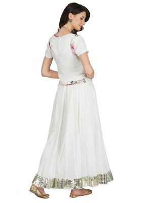 Белый льняной индийский женский свадебный костюм лехенга (ленга) чоли с короткими рукавами, украшенный печатным рисунком