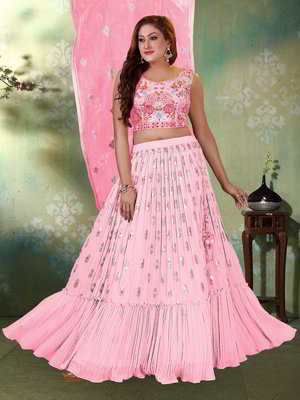 Розовый индийский женский свадебный костюм лехенга (ленга) чоли из креп-жоржета без рукавов со стразами, бисером, пайетками