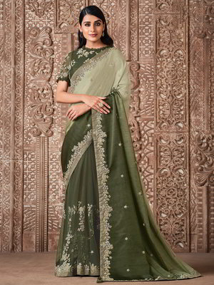 Зелёное индийское сари из шёлкового атласа и фатина, украшенное вышивкой люрексом со стразами