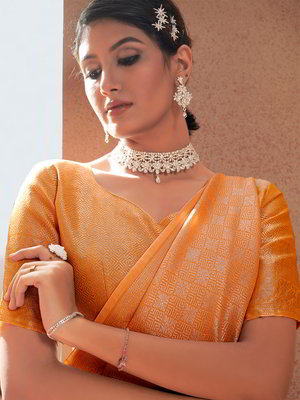 Оранжевое индийское сари из льна, украшенное вышивкой люрексом