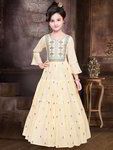*Жёлтый хлопко-шёлковый индийское национальное длинное вечернее платье / анаркали / костюм для девочки с длинными рукавами, украшенный вышивкой люрексом, печатным рисунком