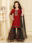 *Бордовый хлопковый индийское национальное платье / костюм для девочки, украшенный вышивкой люрексом, печатным рисунком с пайетками