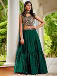 *Цвета зелёной сосны индийский национальный костюм для девочки из креп-жоржета без рукавов, украшенный вышивкой люрексом с пайетками, перламутровыми бусинками, кусочками зеркалец