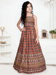 *Коричневый хлопко-шёлковый индийское нарядное платье «в пол» / костюм для девочки без рукавов, украшенный печатным рисунком