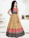 *Горчичный и жёлтый индийское нарядное платье «в пол» / костюм для девочки из хлопка с шёлком без рукавов, украшенный печатным рисунком