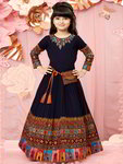 *Тёмно-синий индийское нарядное платье «в пол» / костюм для девочки из креп-жоржета и хлопка с длинными рукавами с пайетками