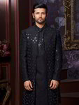 *Чёрный индийский мужской костюм из шёлка-сырца с кусочками зеркалец