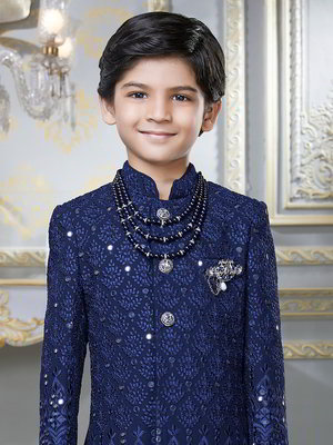 Тёмно-синий хлопко-шёлковый национальный костюм для мальчика