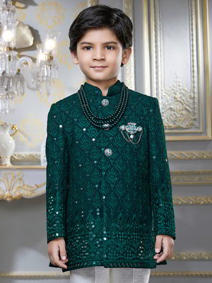 Зелёный национальный костюм для мальчика из хлопка с шёлком