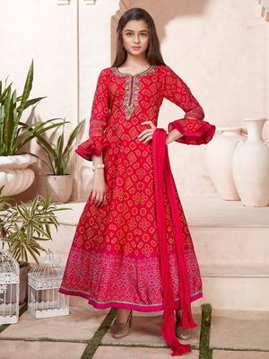Красный индийское национальное длинное платье / анаркали / костюм для девочки из хлопка и шёлка с длинными рукавами, украшенный вышивкой люрексом, печатным рисунком с кусочками зеркалец