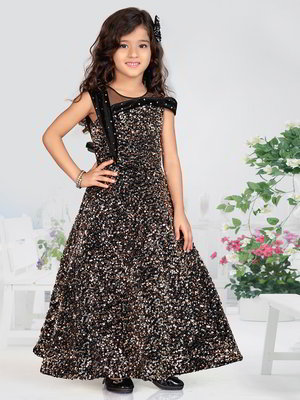 Коричневый и чёрный индийское платье «в пол» / костюм для девочки из хлопка и фатина без рукавов с пайетками