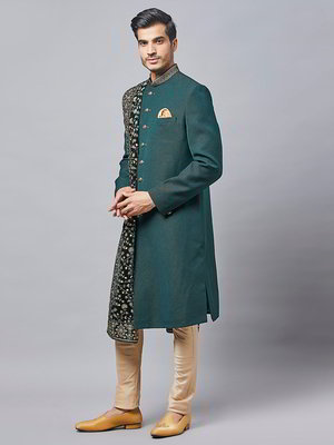 Тёмно-зелёный шёлковый индийский мужской костюм