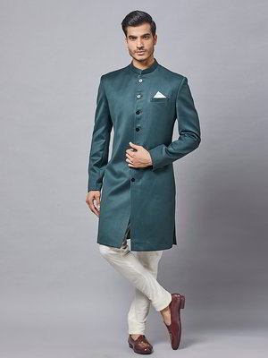 Тёмно-зелёный хлопко-шёлковый индийский мужской костюм