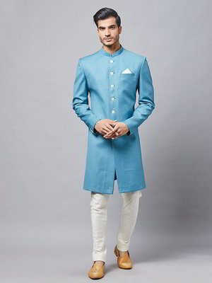 Синий хлопко-шёлковый индийский мужской костюм