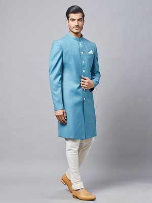 Синий хлопко-шёлковый индийский мужской костюм