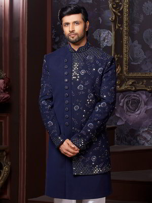 Тёмно-синий индийский мужской костюм из хлопка с шёлком со стразами, кусочками зеркалец