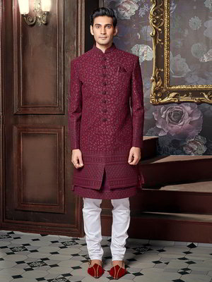 Бордовый хлопко-шёлковый индийский мужской костюм с бисером