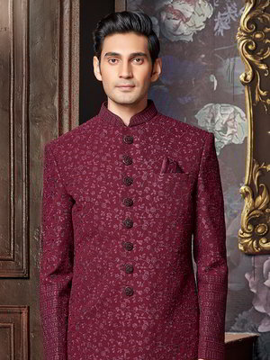 Бордовый хлопко-шёлковый индийский мужской костюм с бисером