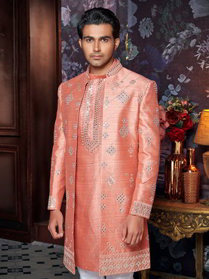 Оранжевый шёлковый индийский мужской костюм с кусочками зеркалец