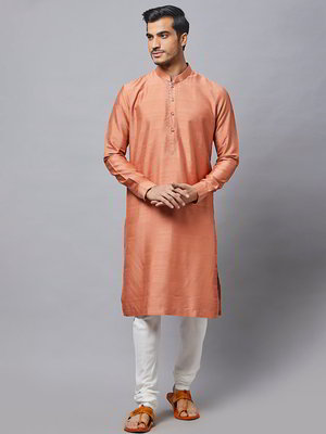 Рыже-оранжевый индийский национальный мужской костюм из шёлка