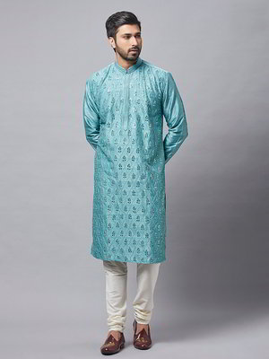 Синий хлопковый и шёлковый индийский национальный мужской костюм с кусочками зеркалец