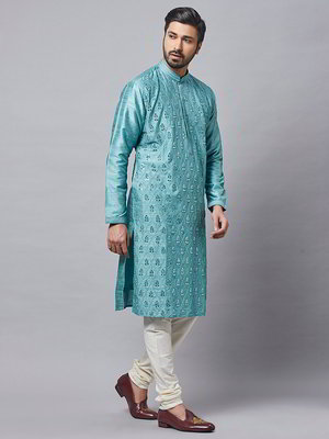 Синий хлопковый и шёлковый индийский национальный мужской костюм с кусочками зеркалец