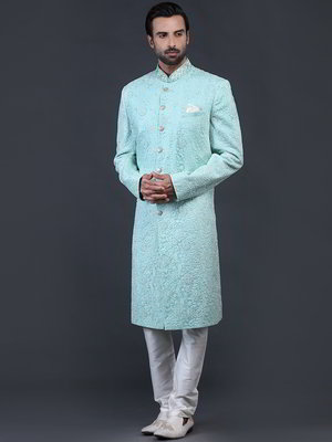 Цвета морской волны индийский свадебный мужской костюм из фатина