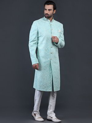 Цвета морской волны индийский свадебный мужской костюм из фатина