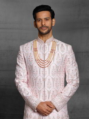 Розовый шёлковый индийский свадебный мужской костюм