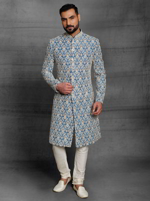 Тёмно-синий шёлковый индийский свадебный мужской костюм с пайетками
