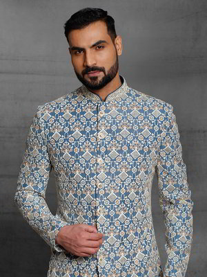 Тёмно-синий шёлковый индийский свадебный мужской костюм с пайетками